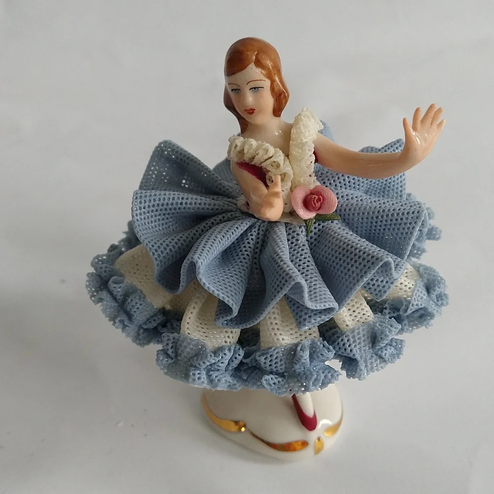 Vintage Dresden Lace Lady Figurine Ballerina Dancer Blue White Porcelain